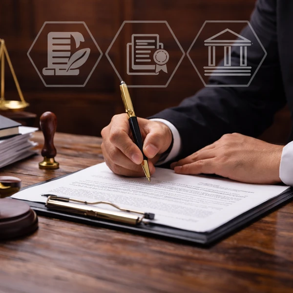 Document drafting and registration service showing lawyer signing official legal agreement with pen and paperwork